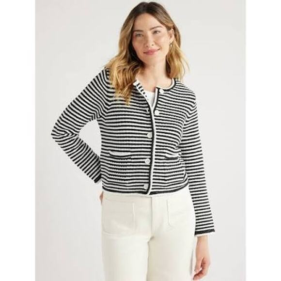 NWT Free Assembly | Black + White Striped Crochet Trim Cardigan | Size Small - Picture 2 of 9